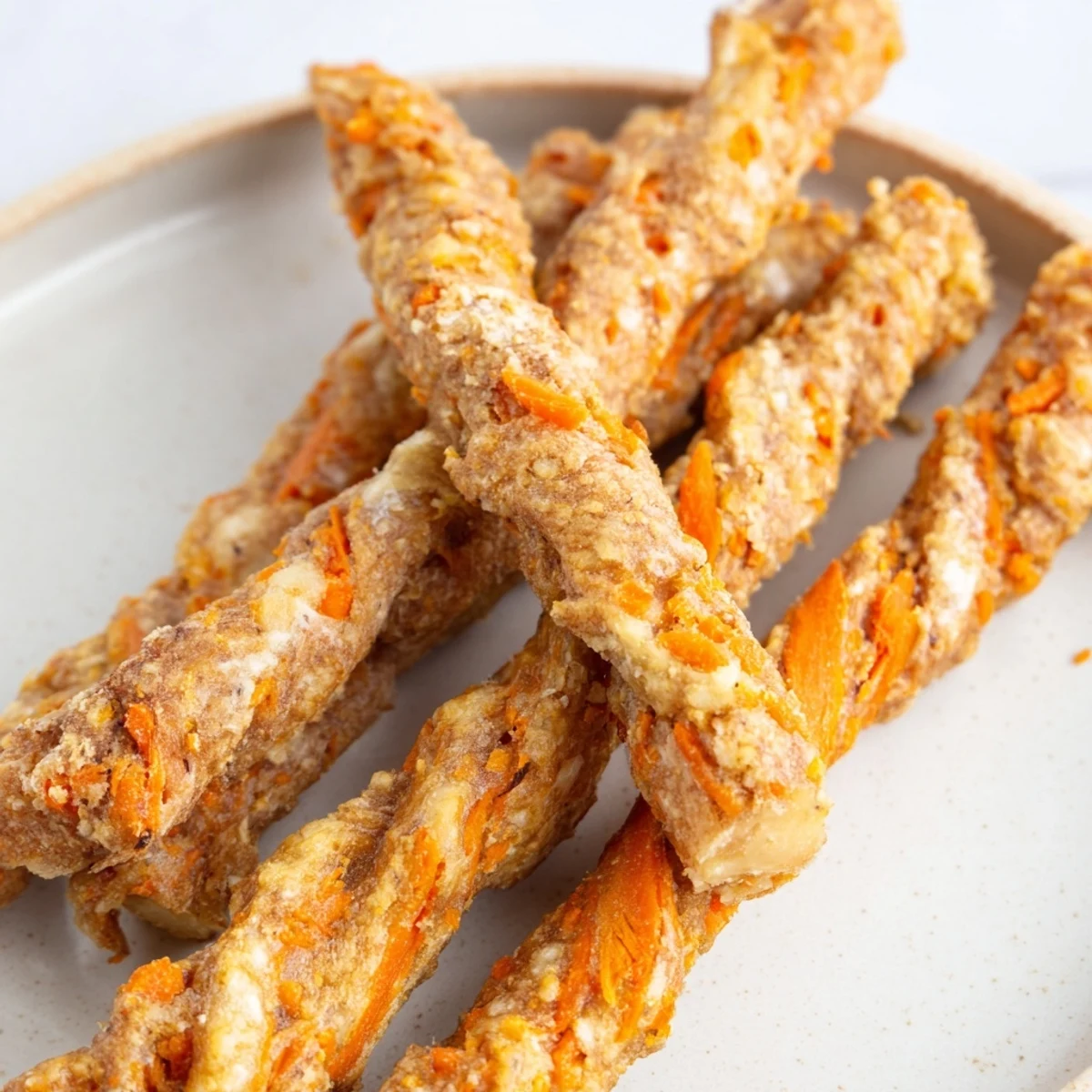 Golden homemade apple carrot dog chew sticks arranged on parchment paper ready for treat time