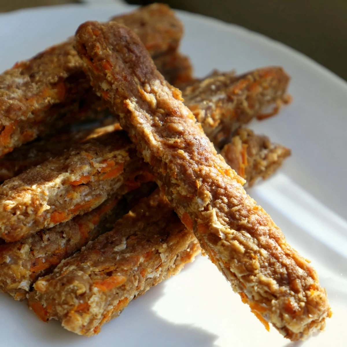 Crunchy apple and carrot dog chew sticks baked until firm for satisfying natural snacks