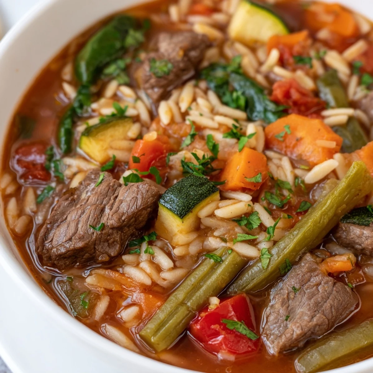 Hearty beef and orzo soup with tender meat and colorful garden vegetables in steaming bowl