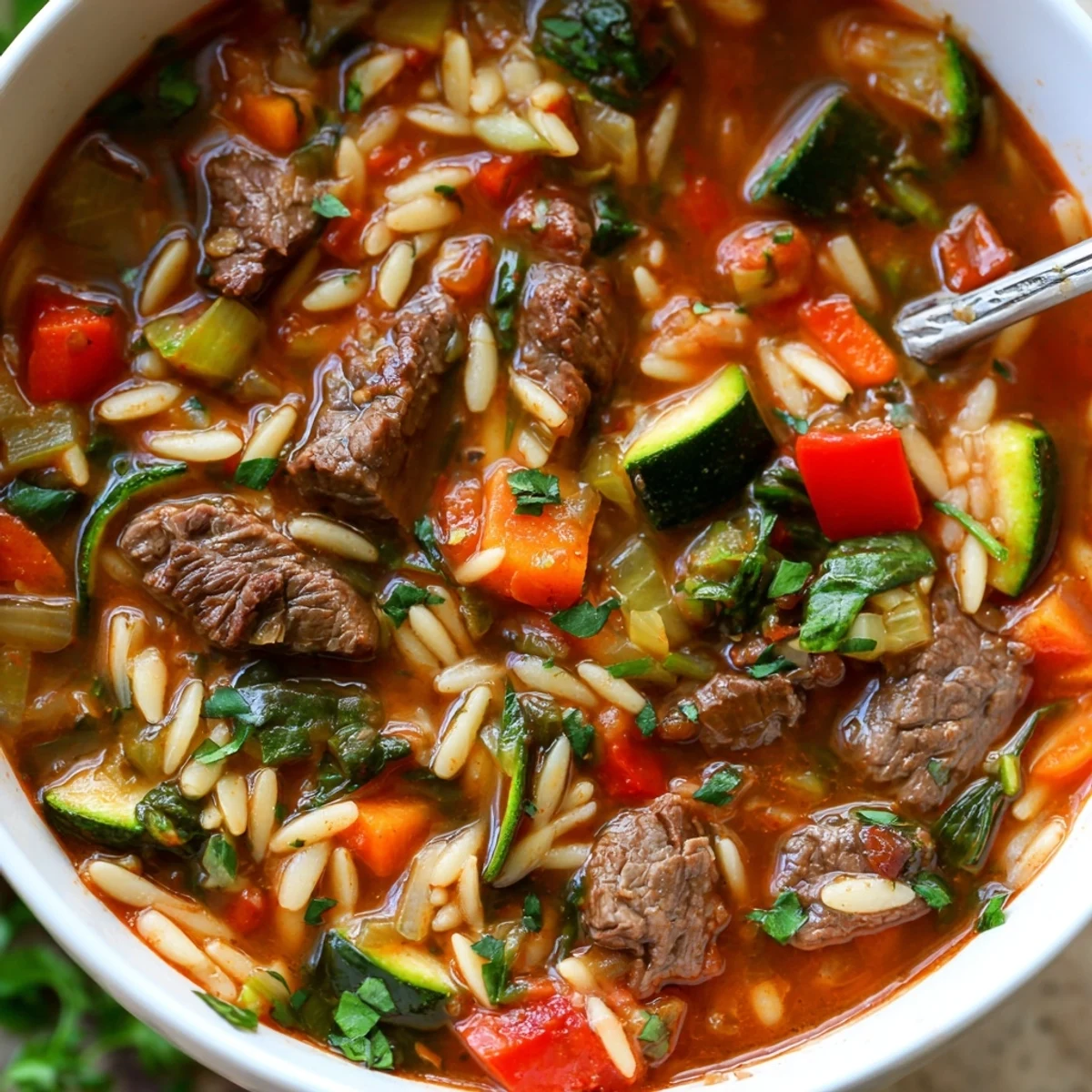 Warm bowl of hearty beef and orzo soup garnished with fresh parsley and vibrant veggies