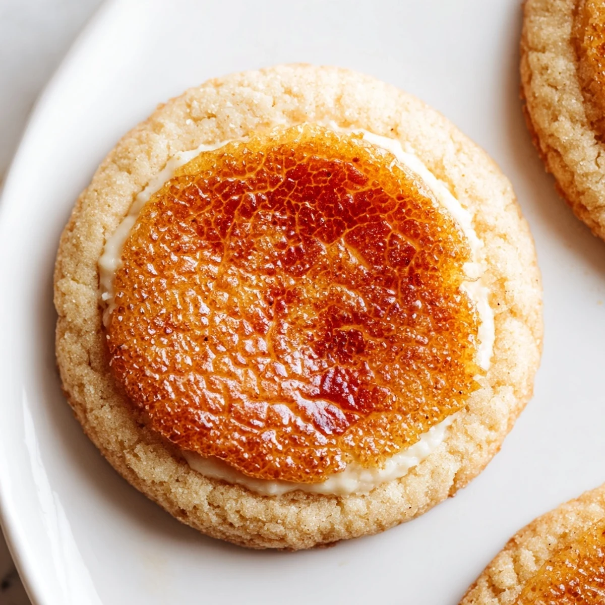 Golden crème brûlée cookies with caramelized sugar tops and creamy vanilla centers on a rustic plate