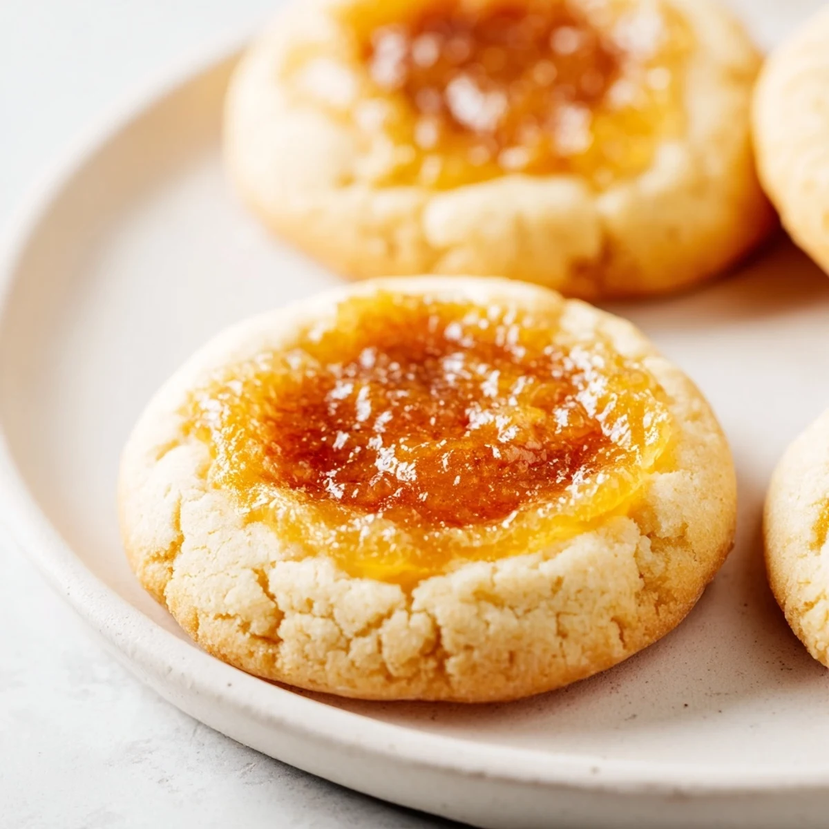 Soft baked crème brûlée cookies showcasing crackled sugar crust and smooth cream cheese filling inside