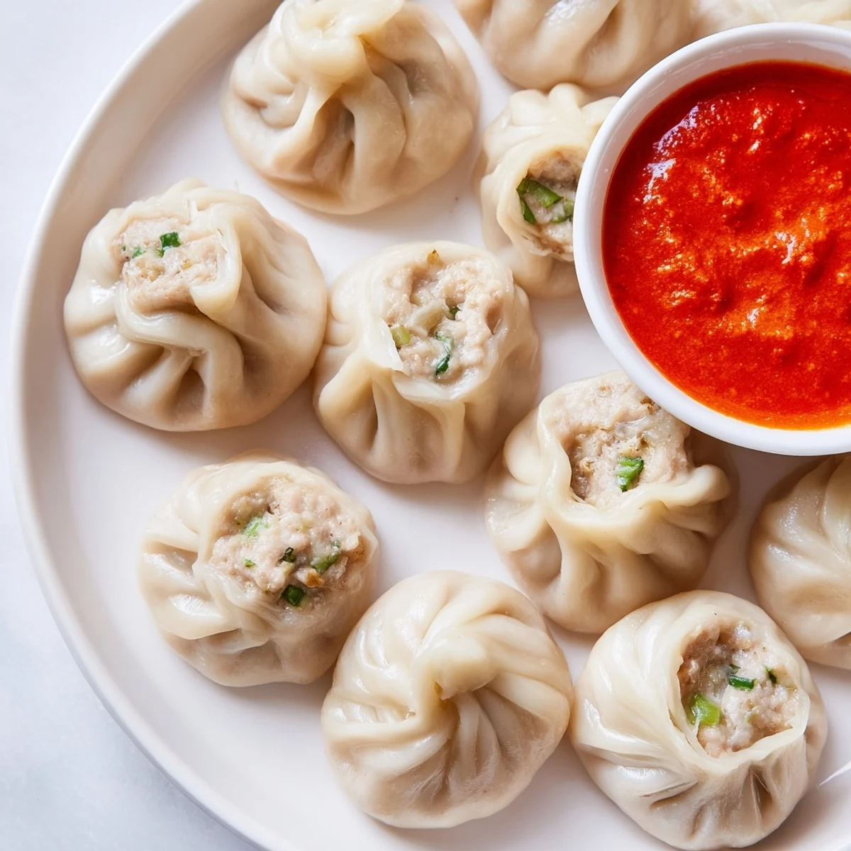 Steaming hot Nepali momo dumplings arranged on a bamboo tray with spicy tomato dipping sauce