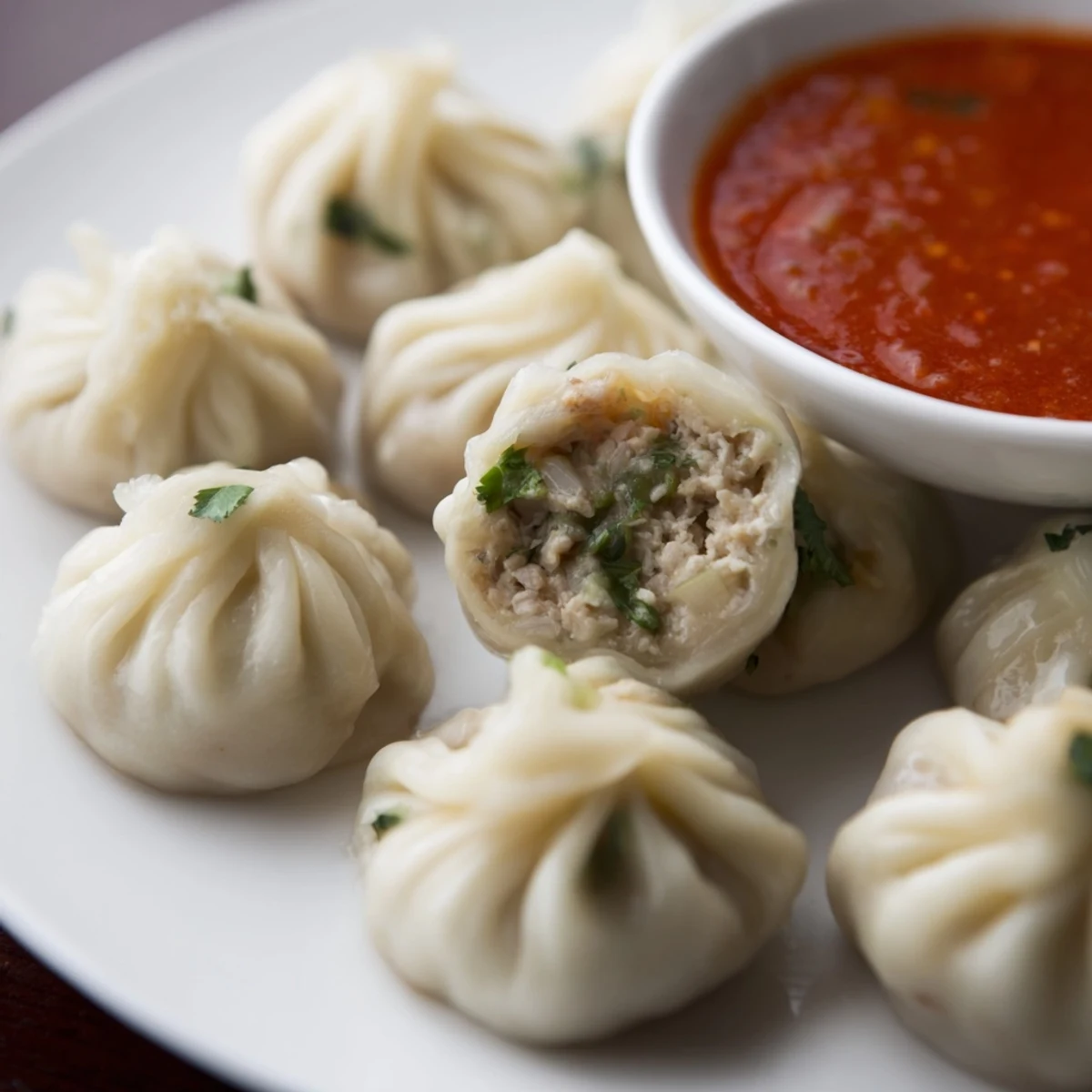 Golden steamed Nepali momo dumplings pleated by hand and served with rich sesame chutney