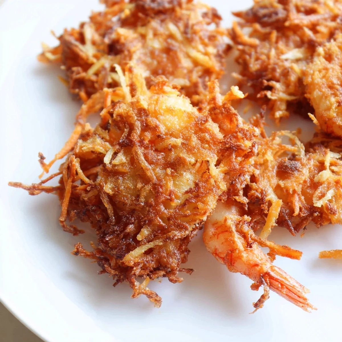 Crispy golden Ukoy Filipino shrimp fritters with vegetables served on a white plate