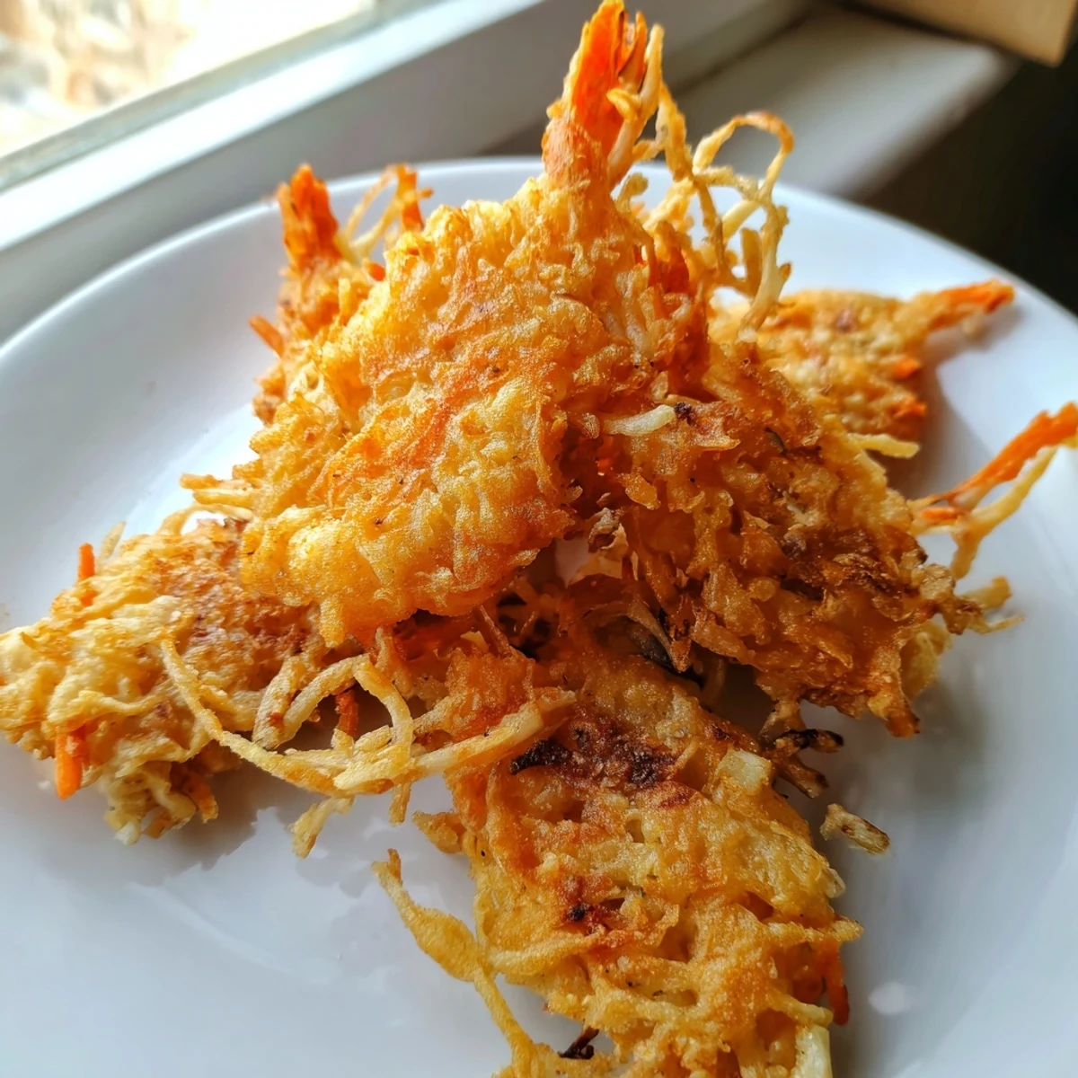 Ukoy Filipino shrimp fritters fresh from the fryer with vinegar garlic dipping sauce