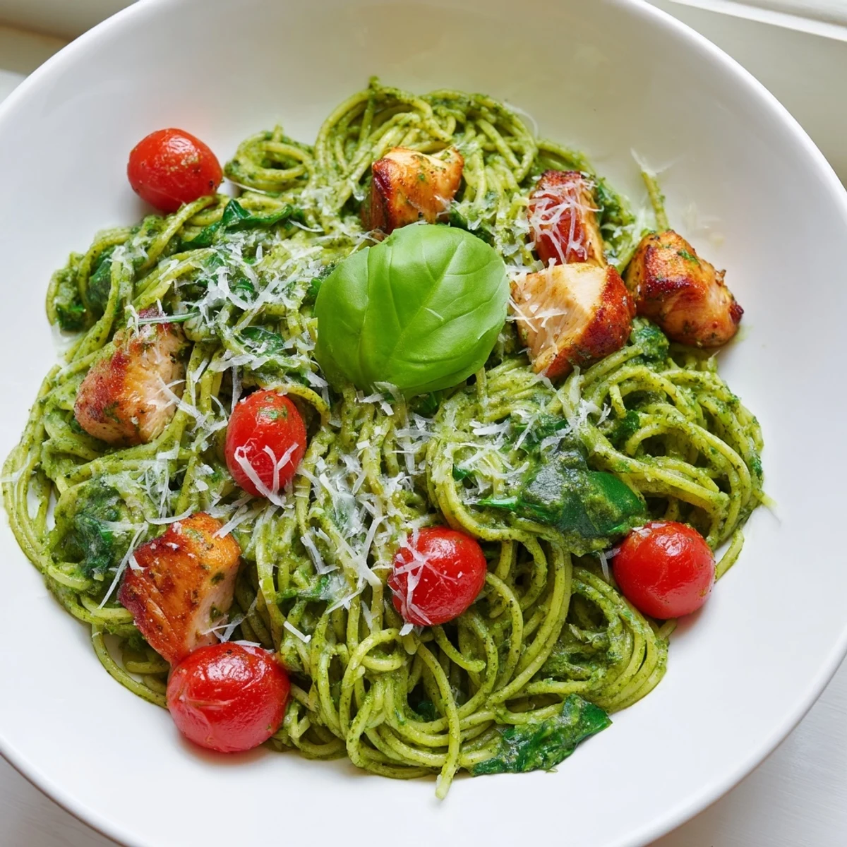 Light pesto pasta with chicken tossed in vibrant green basil sauce on white plate
