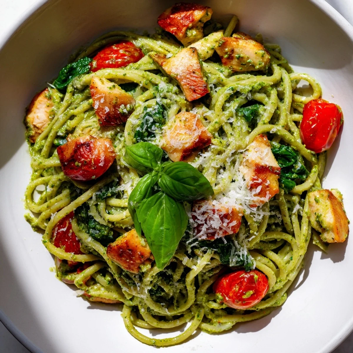 Creamy light pesto pasta with chicken topped with halved cherry tomatoes and parmesan