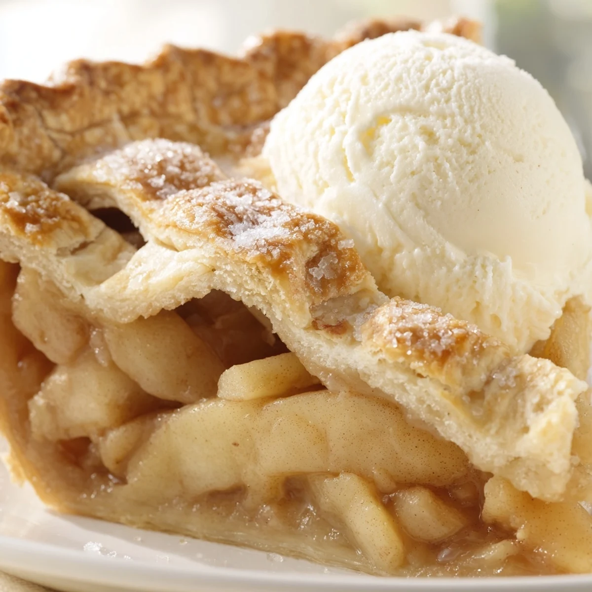 Golden apple pie with cinnamon spiced filling peeking through flaky, buttery, lattice crust