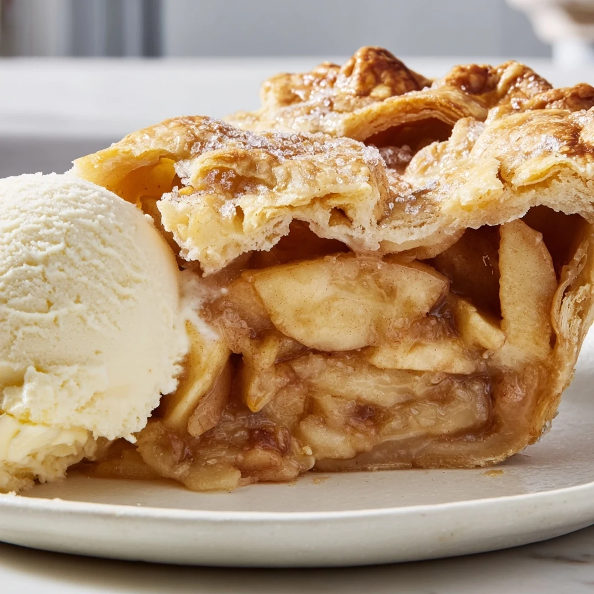 Warm slice of homemade apple pie topped with melting vanilla ice cream