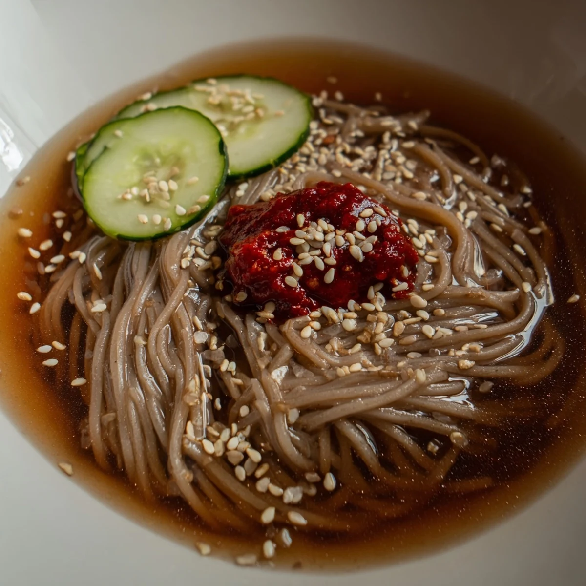 Chewy Korean naengmyeon noodles served in icy tangy broth with crisp vegetables and egg