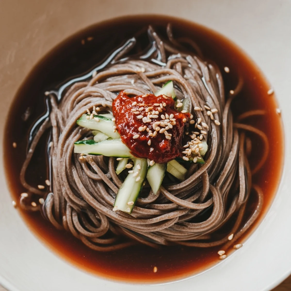 Buckwheat Korean naengmyeon in chilled savory broth topped with sliced beef and pear