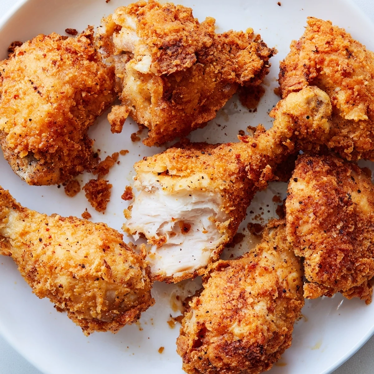 Juicy pieces of fried chicken cooling on a wire rack with herb garnish