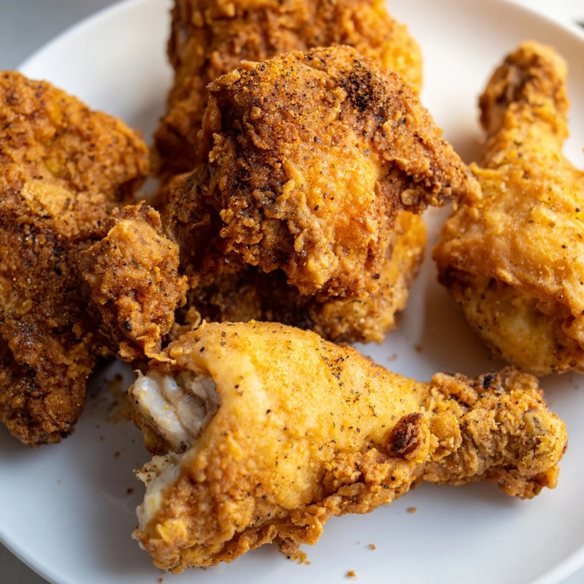 Crispy fried chicken with golden crust served on a rustic wooden board