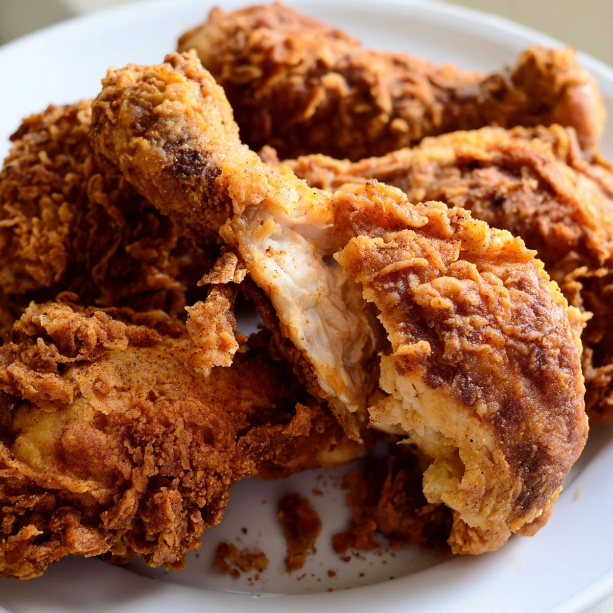 Golden fried chicken thighs plated alongside creamy mashed potatoes and fresh coleslaw