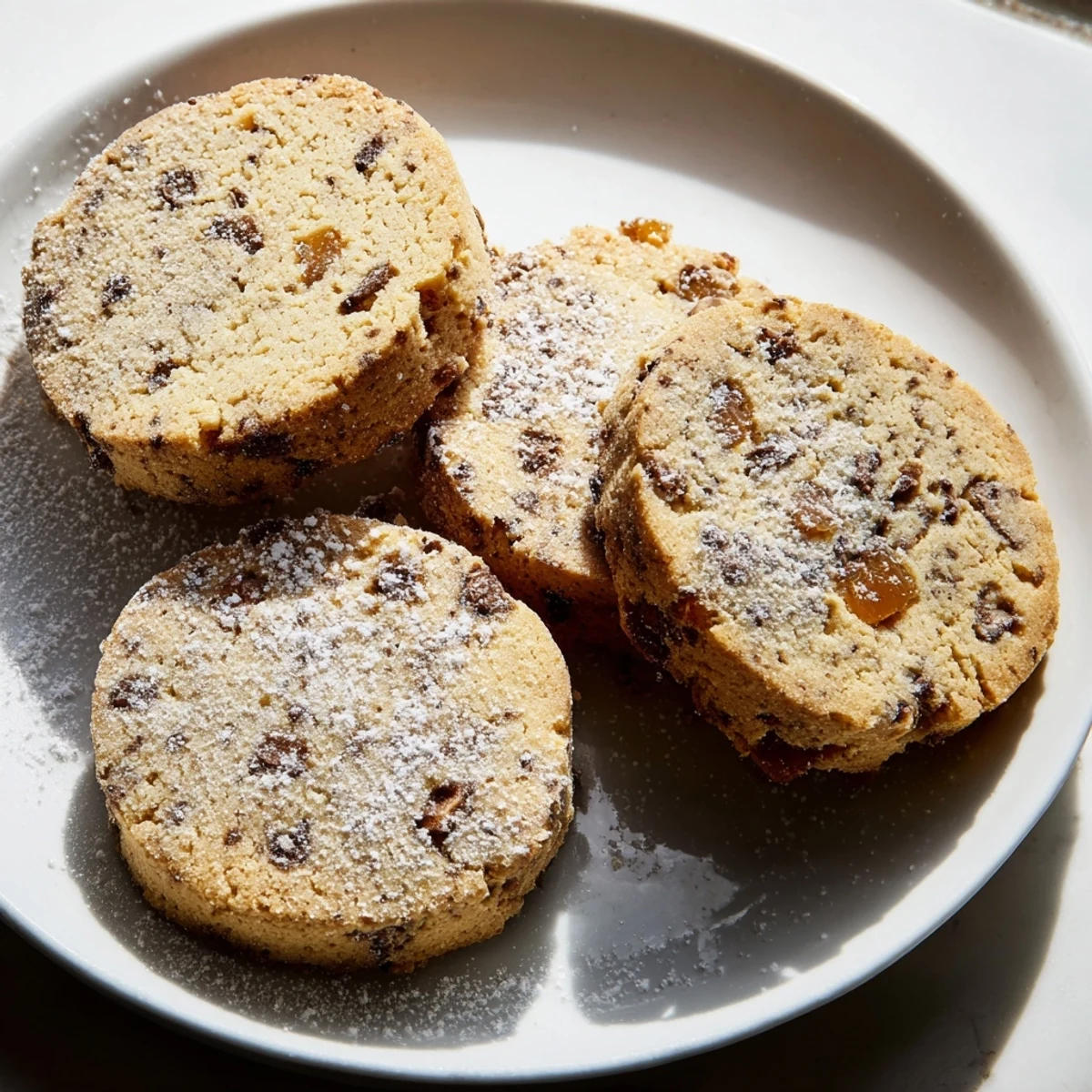Golden espresso shortbread cookies studded with melty toffee chunks on parchment