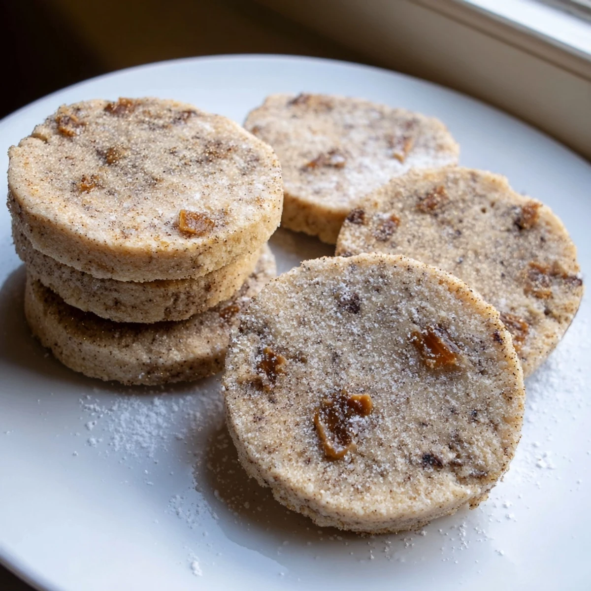 Warm espresso shortbread cookies with gooey toffee bits stacked on a rustic plate