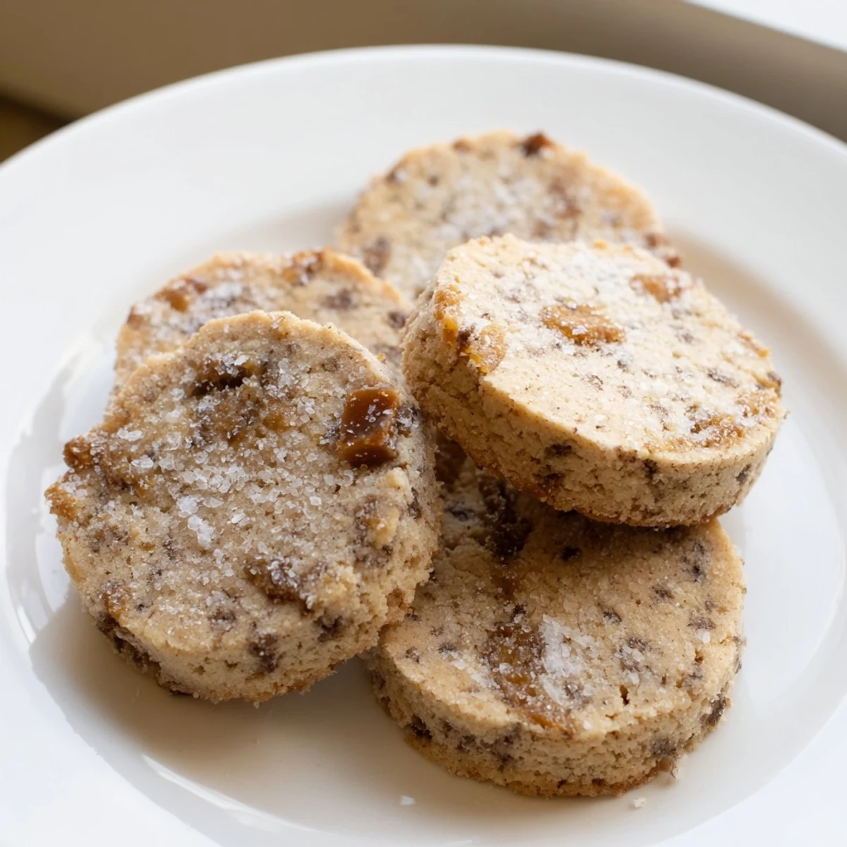 Crumbly espresso shortbread cookies flecked with toffee pieces beside a steaming mug