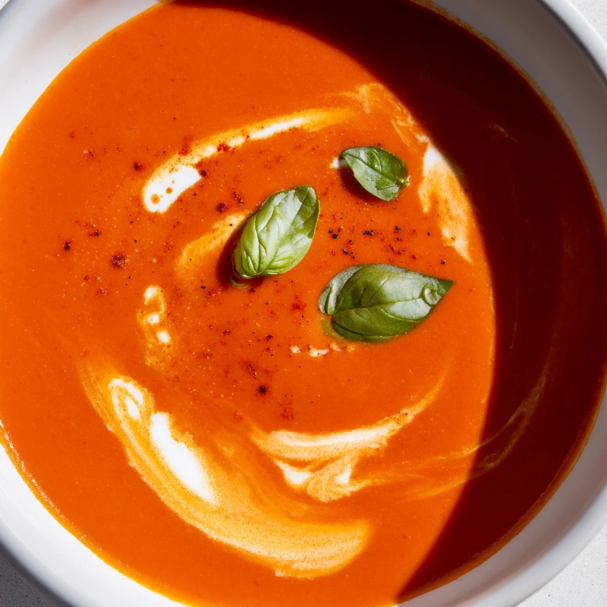 Smoky fire roasted tomato soup in a white bowl with fresh basil garnish