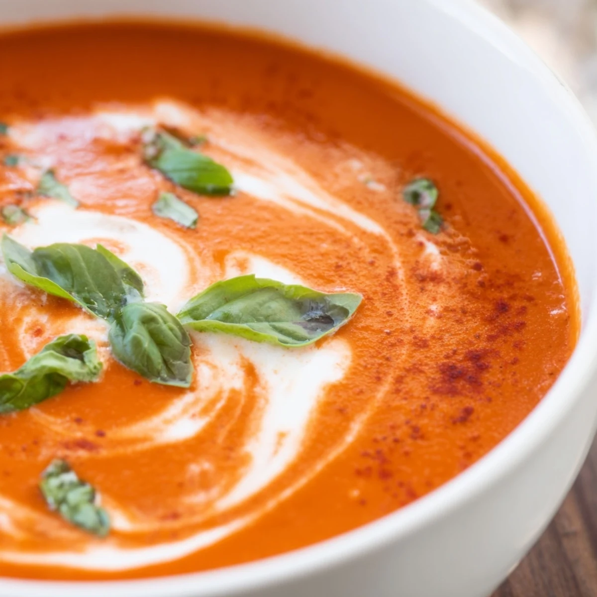 Creamy fire roasted tomato soup steaming in a rustic ceramic bowl