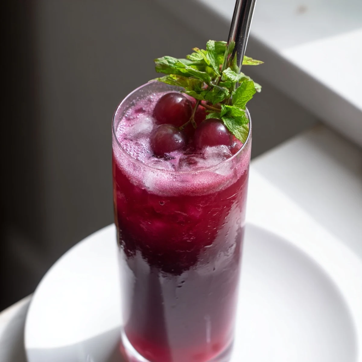 Refreshing Grape Agua Fresca in a tall glass with ice and grape garnish