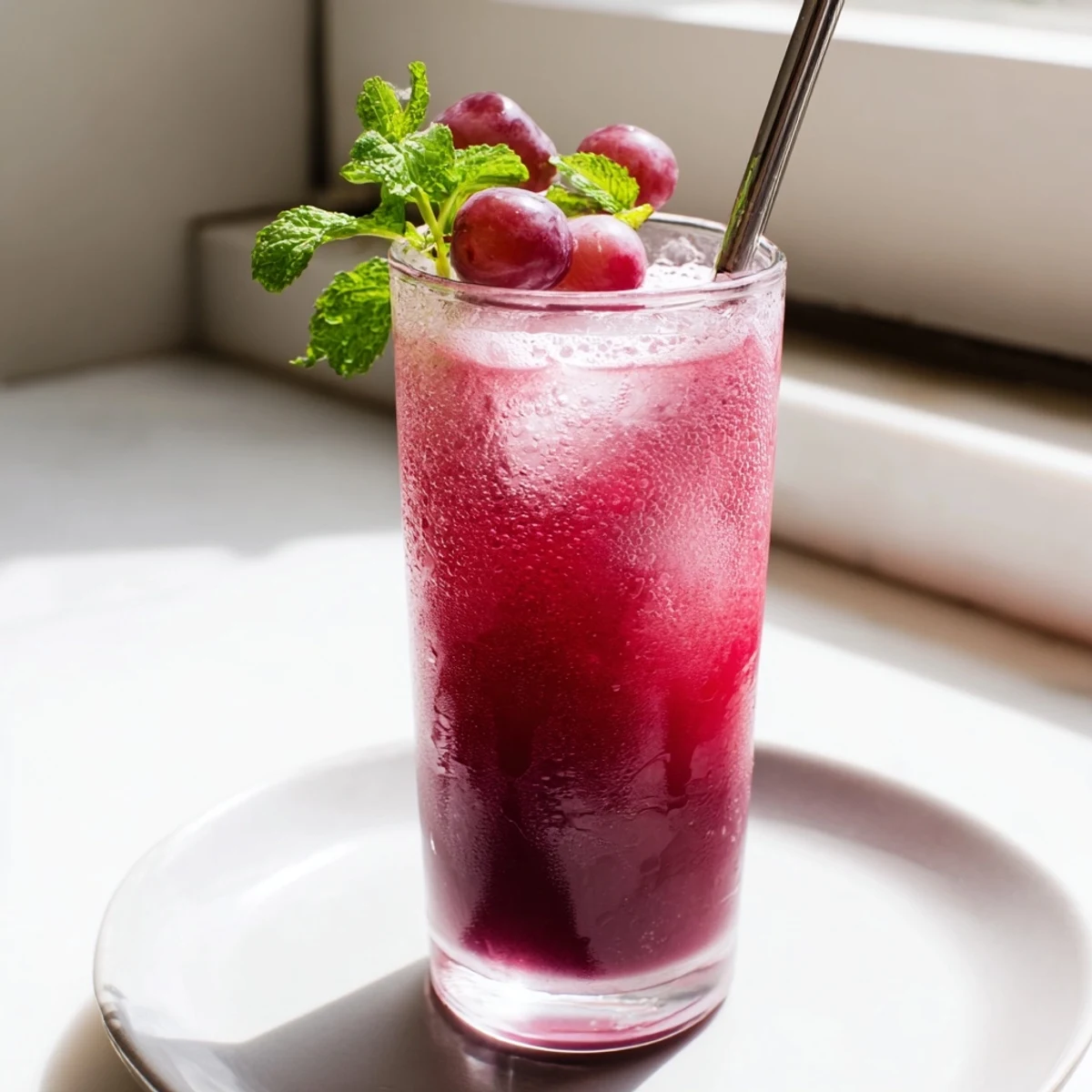 Vibrant purple Grape Agua Fresca poured into glasses with fresh mint garnish