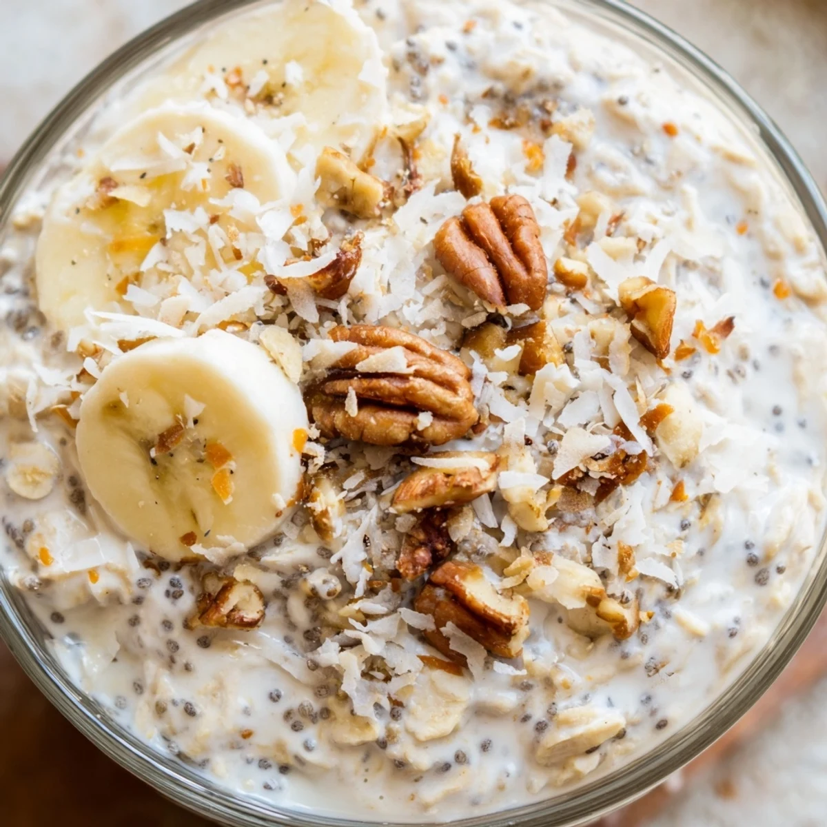 Creamy coconut cream pie overnight oats topped with toasted coconut flakes in a glass jar