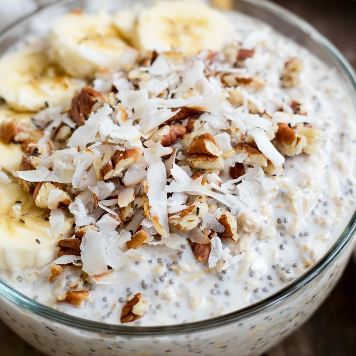 Coconut cream pie overnight oats served chilled with crunchy pecans and fresh banana slices