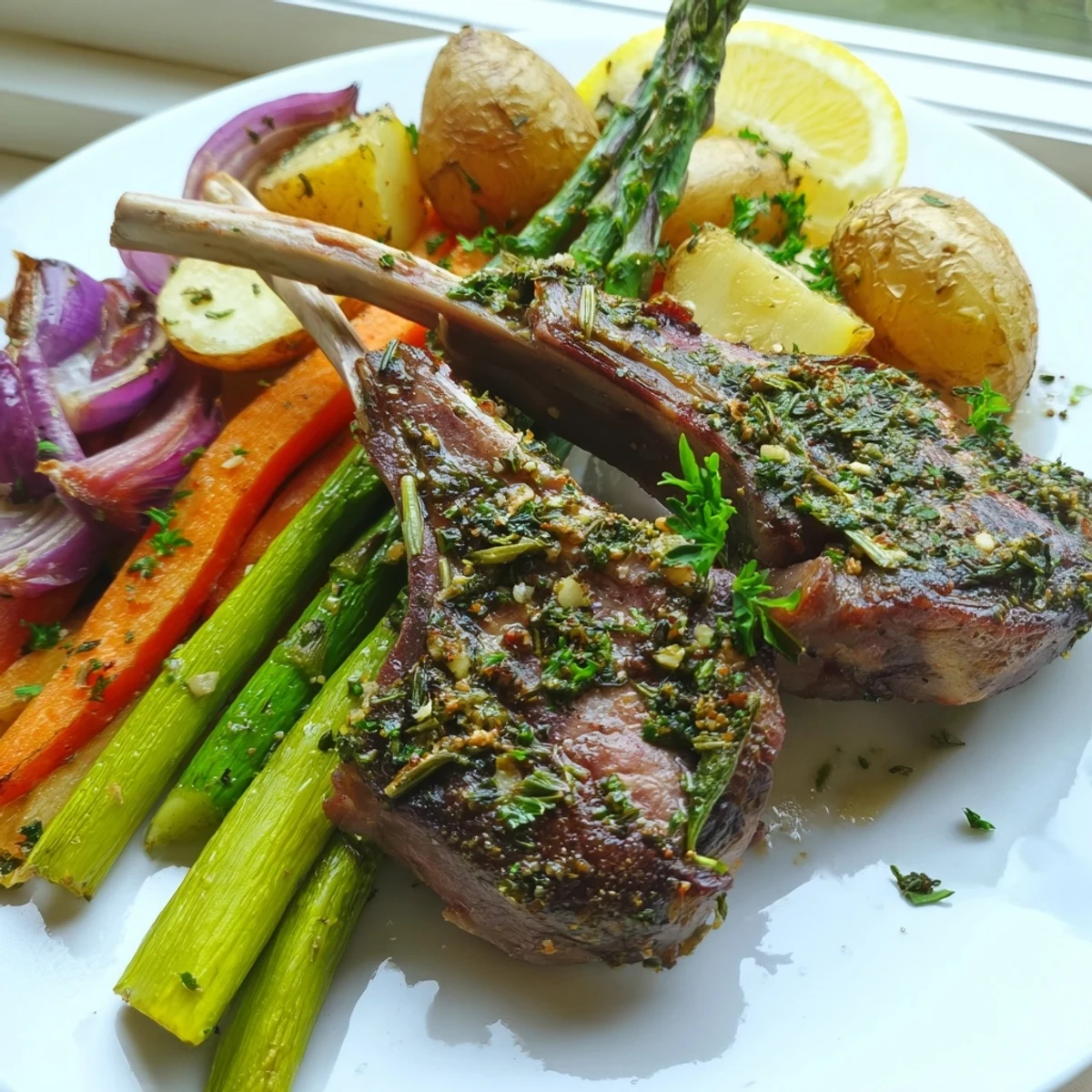 Golden herb-crusted lamb chops and roasted vegetables on a sheet pan Easter dinner