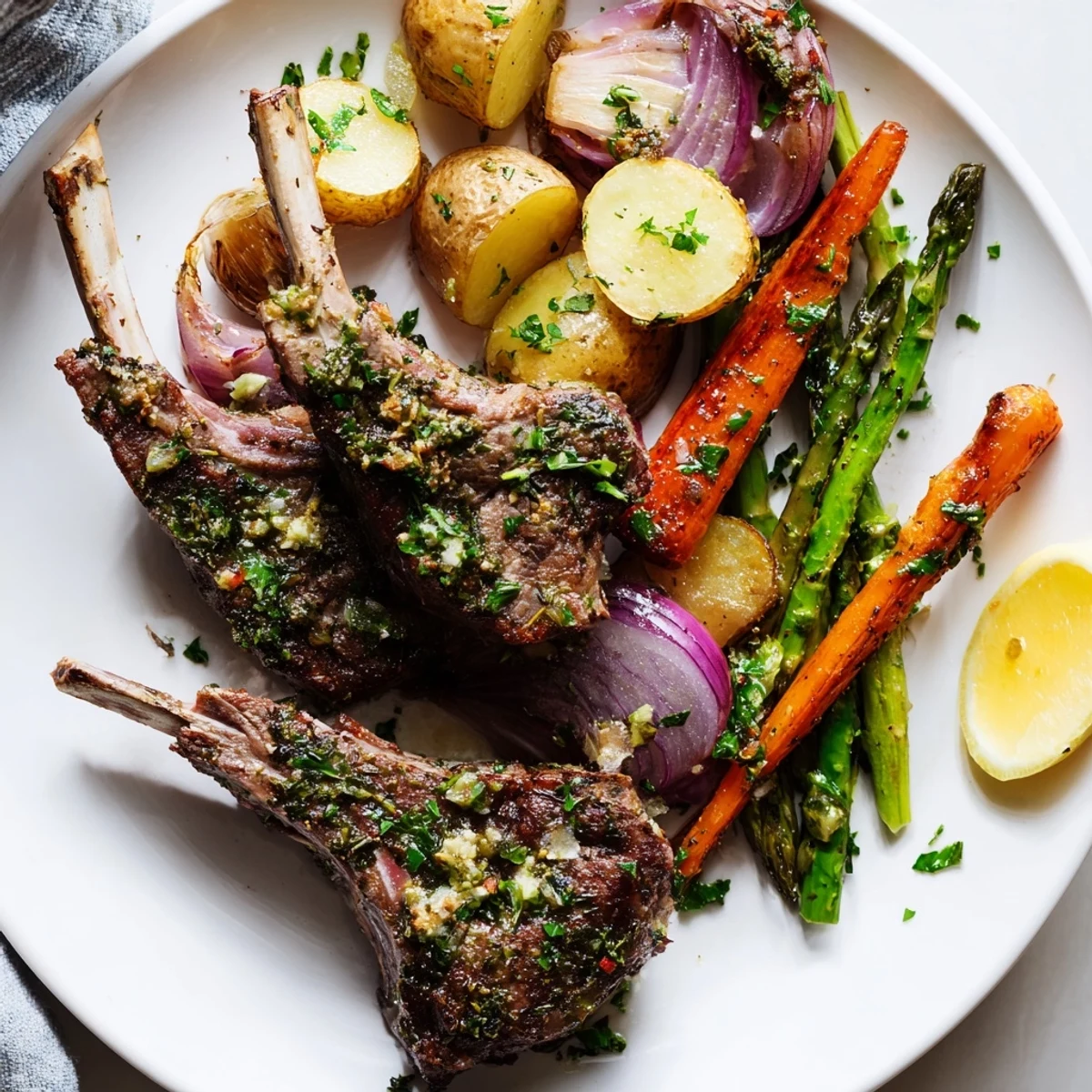 Sheet pan Easter dinner with rosemary lamb, baby potatoes, and bright lemon wedges