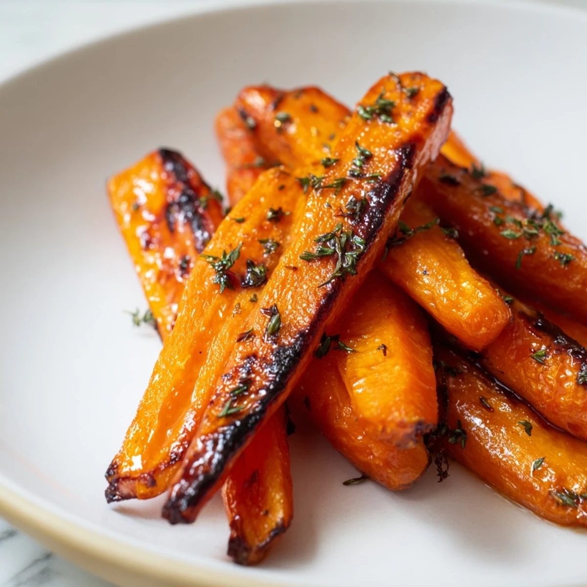 Golden honey roasted carrots glistening with caramelized edges on a rustic white plate