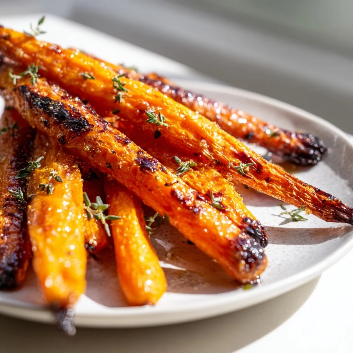 Tender caramelized honey roasted carrots arranged on parchment with vibrant green herb garnish