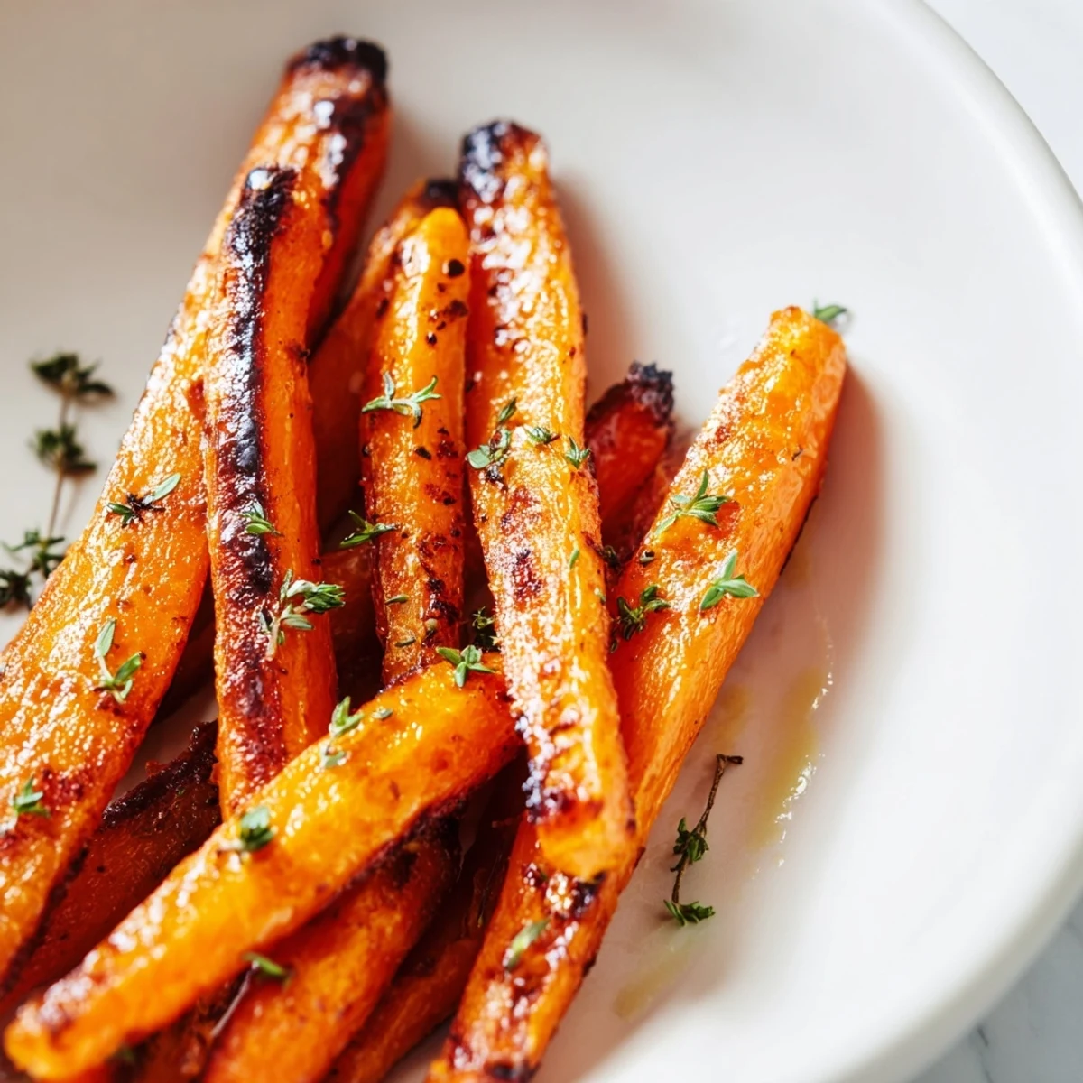 Sweet honey roasted carrots tossed with fresh thyme and served steaming hot