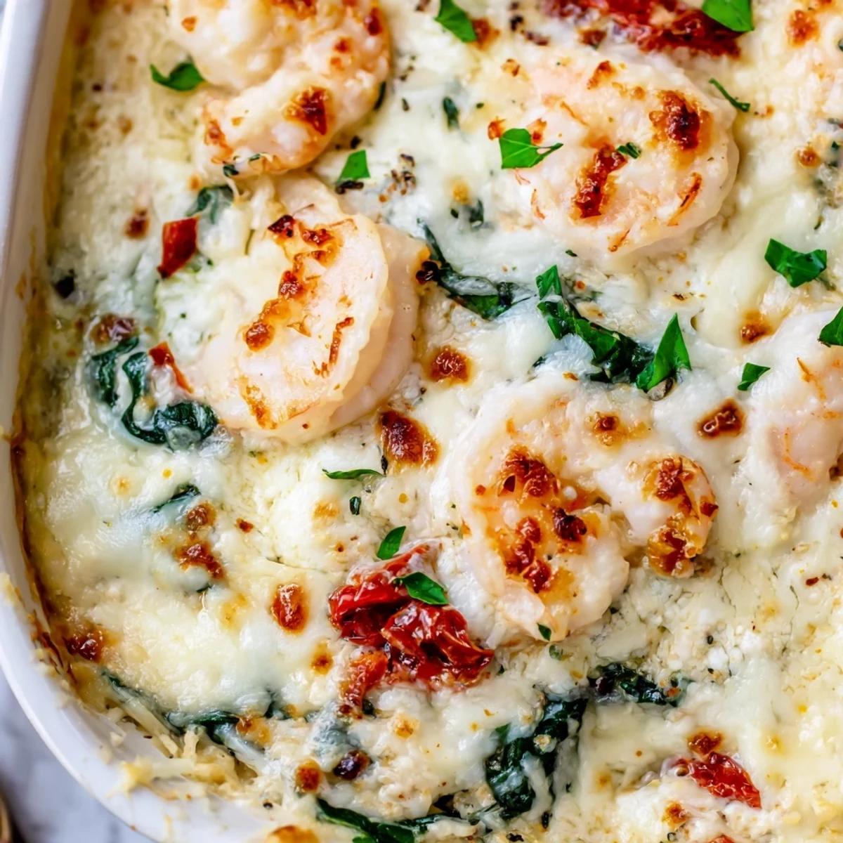 Creamy Low Carb Shrimp Tuscan Bake topped with golden melted mozzarella in a rustic dish