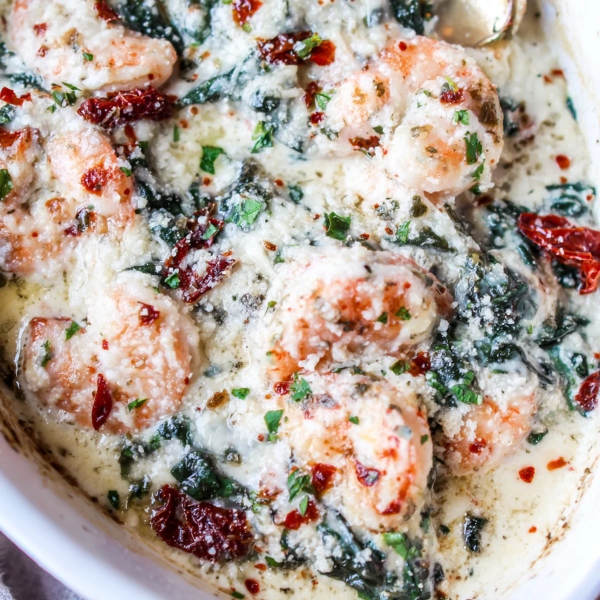 Low Carb Shrimp Tuscan Bake with tender pink shrimp in rich garlic parmesan cream sauce