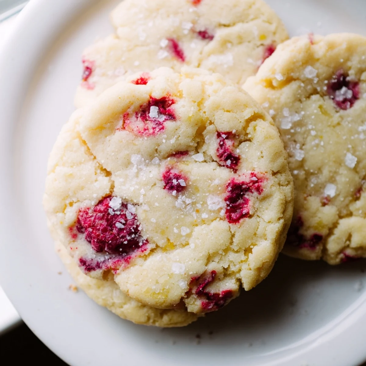 Soft Lemon Raspberry Cookies with golden edges and bursts of juicy red berries on a rustic baking sheet