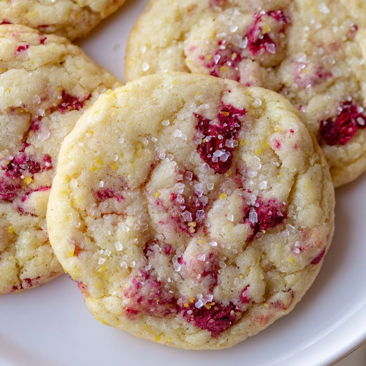 Chewy Lemon Raspberry Cookies arranged on a white plate with powdered sugar dusting and bright fruit pieces