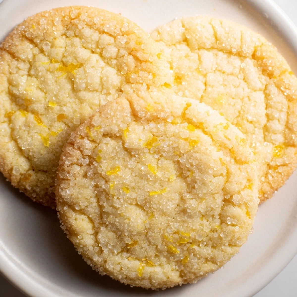 Chewy lemon sugar cookies arranged on a white platter for serving