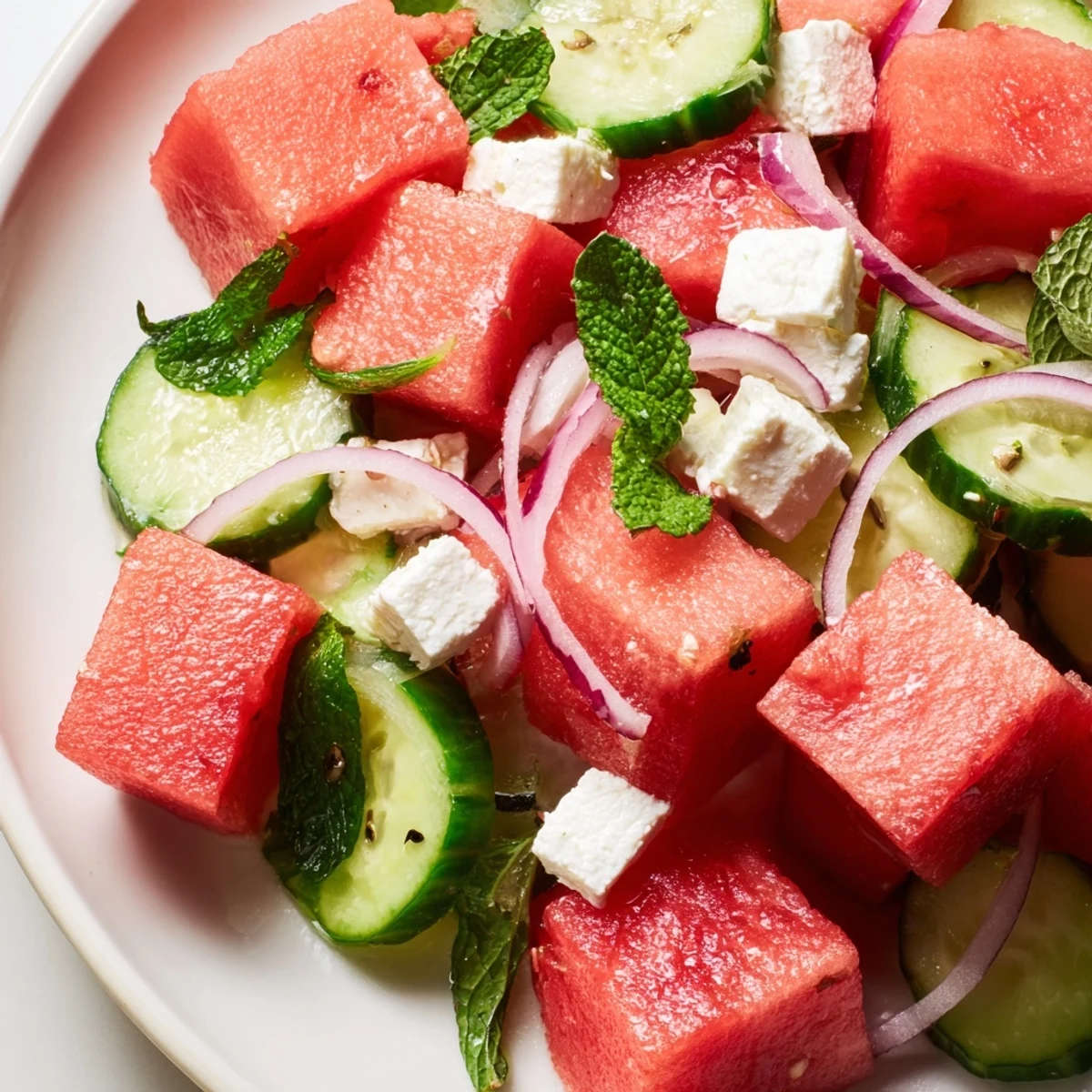 Watermelon Feta Salad with juicy melon cubes and creamy crumbled cheese in a white serving bowl