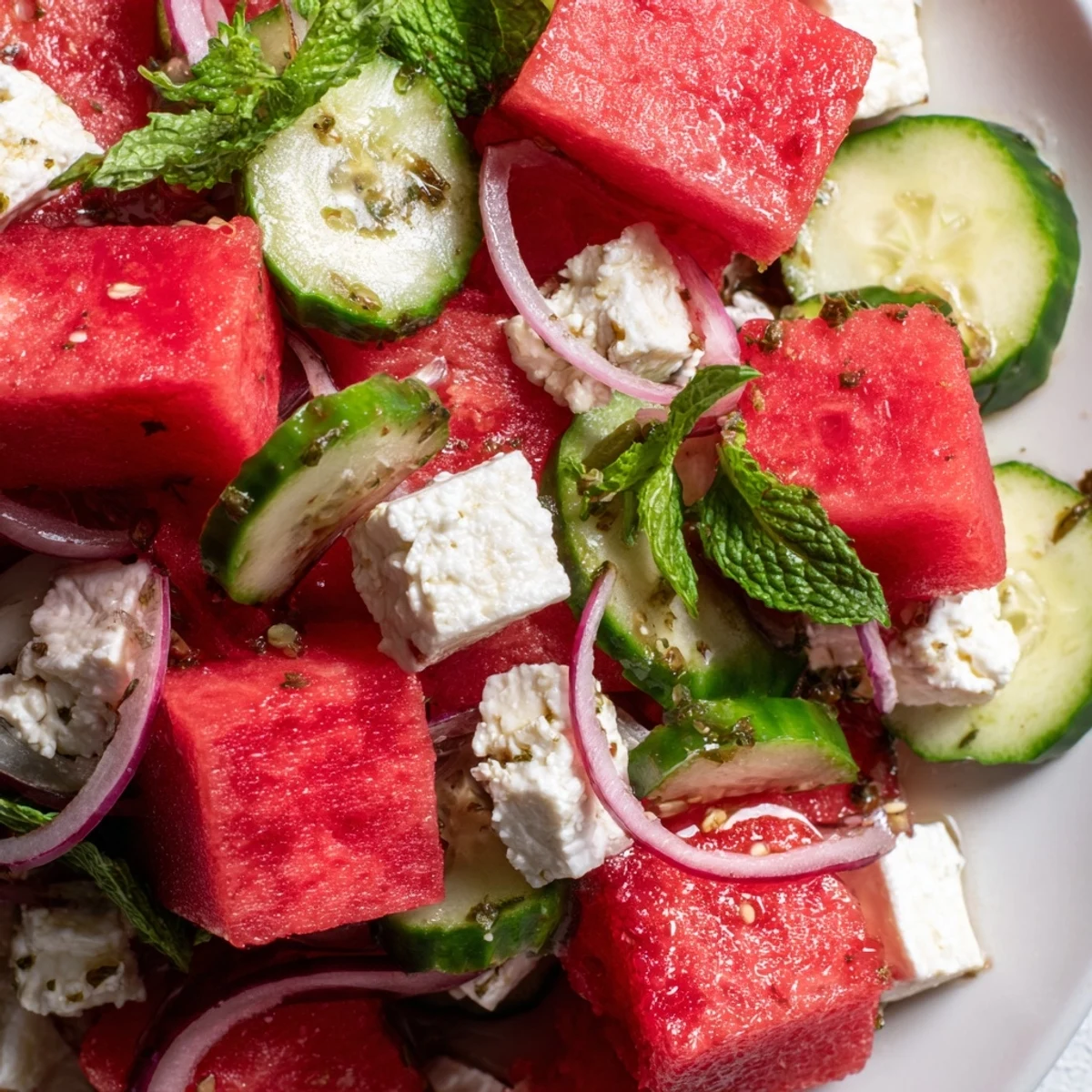 Refreshing Watermelon Feta Salad garnished with fresh mint leaves and drizzled with tangy lime dressing