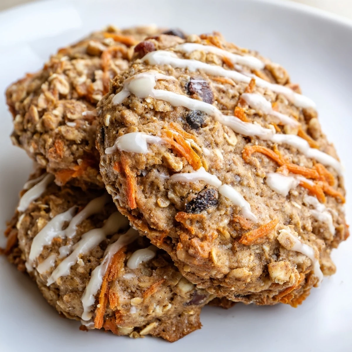 Chewy brown butter carrot cake cookies with golden edges and visible grated carrots on rustic parchment