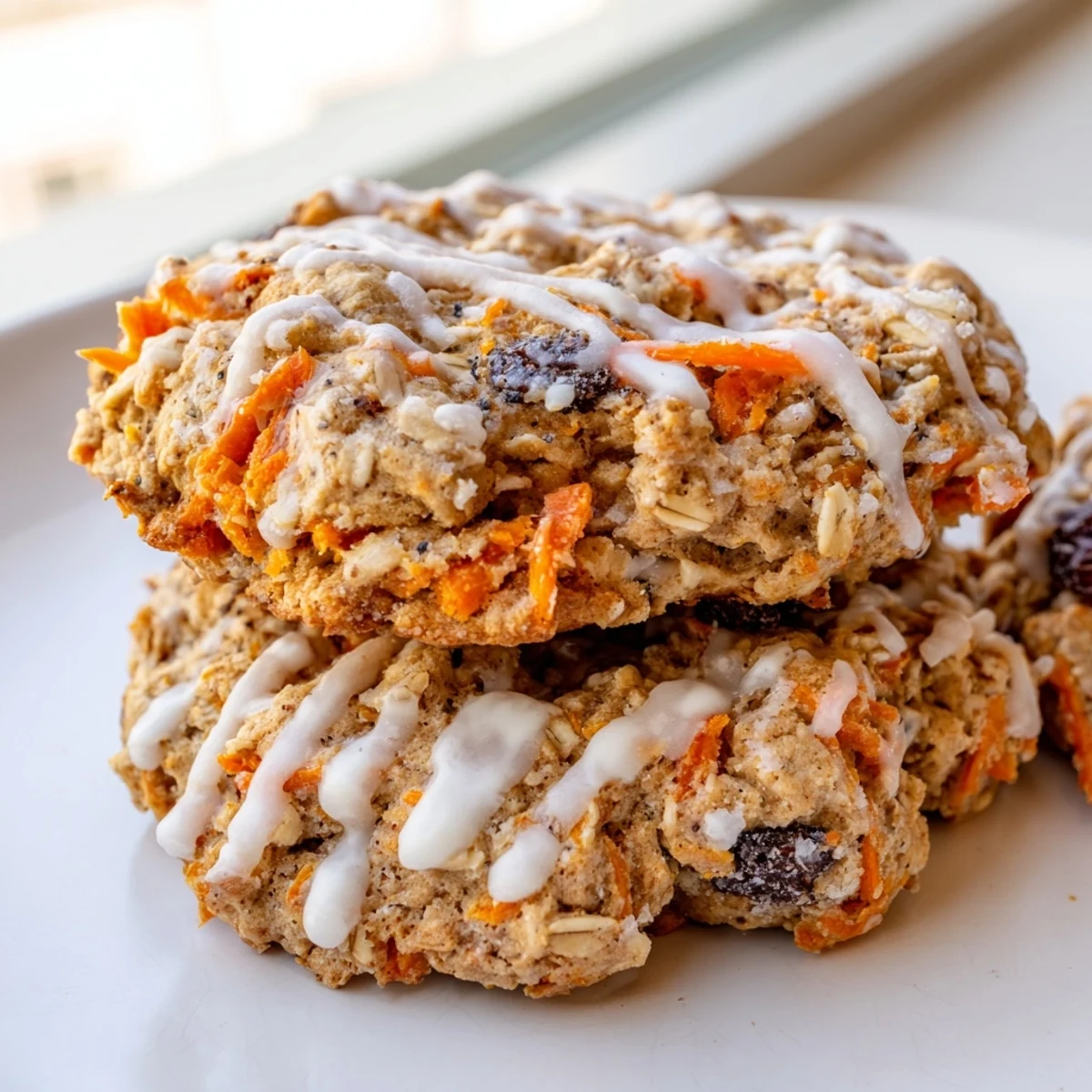 Soft chewy brown butter carrot cake cookies studded with walnuts and topped with cream cheese drizzle