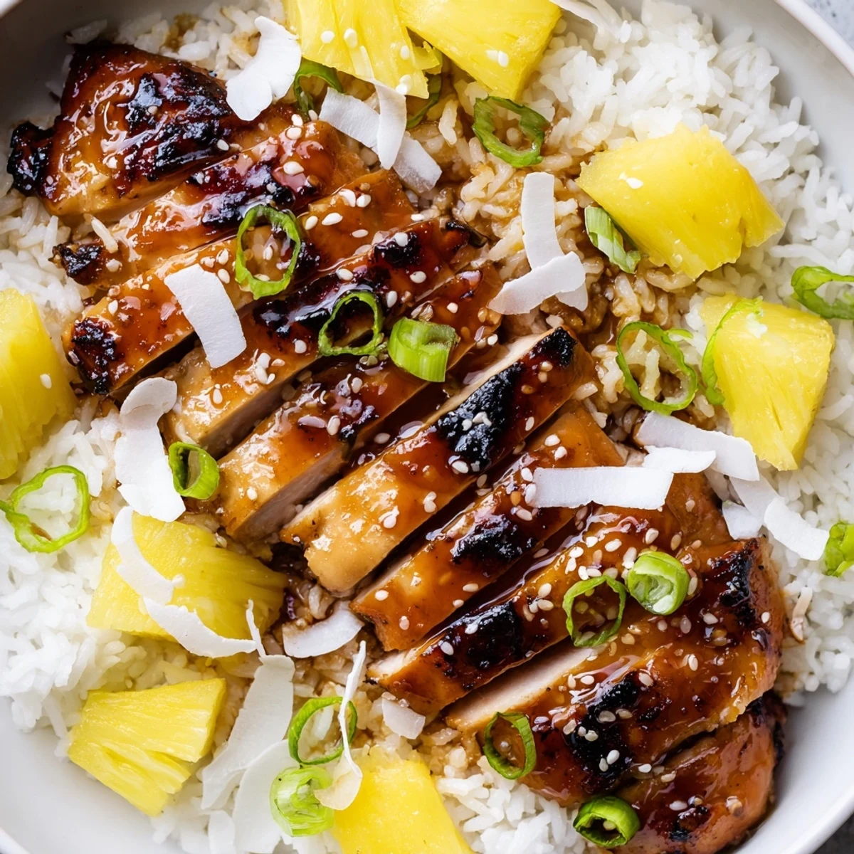 Golden caramelized Hawaiian chicken coconut rice topped with fresh pineapple chunks and green onion garnish