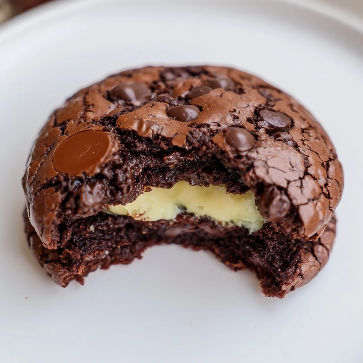 Fudgy brownie cookies stuffed with cookie dough displayed on a rustic wooden serving board