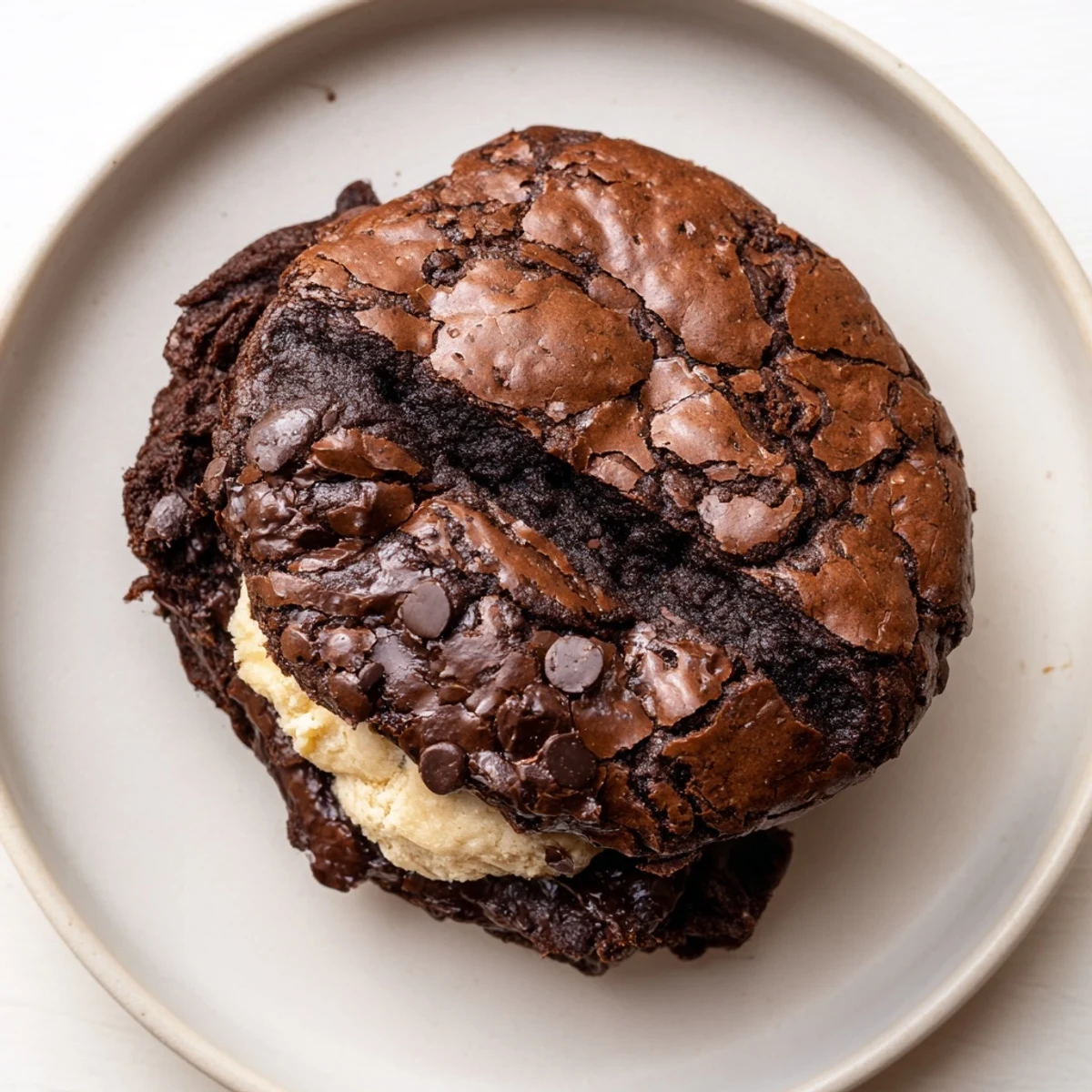 Crackly topped fudgy brownie cookies stuffed with cookie dough arranged on parchment paper