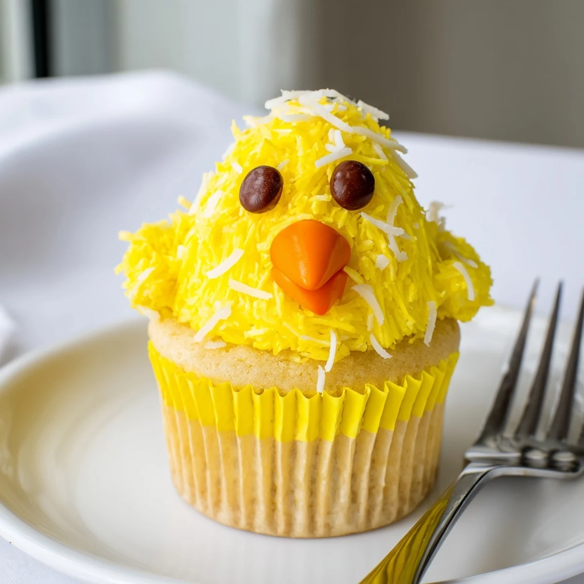 Bright yellow buttercream Easter Chick Cupcakes featuring chocolate chip eyes and orange candy beaks