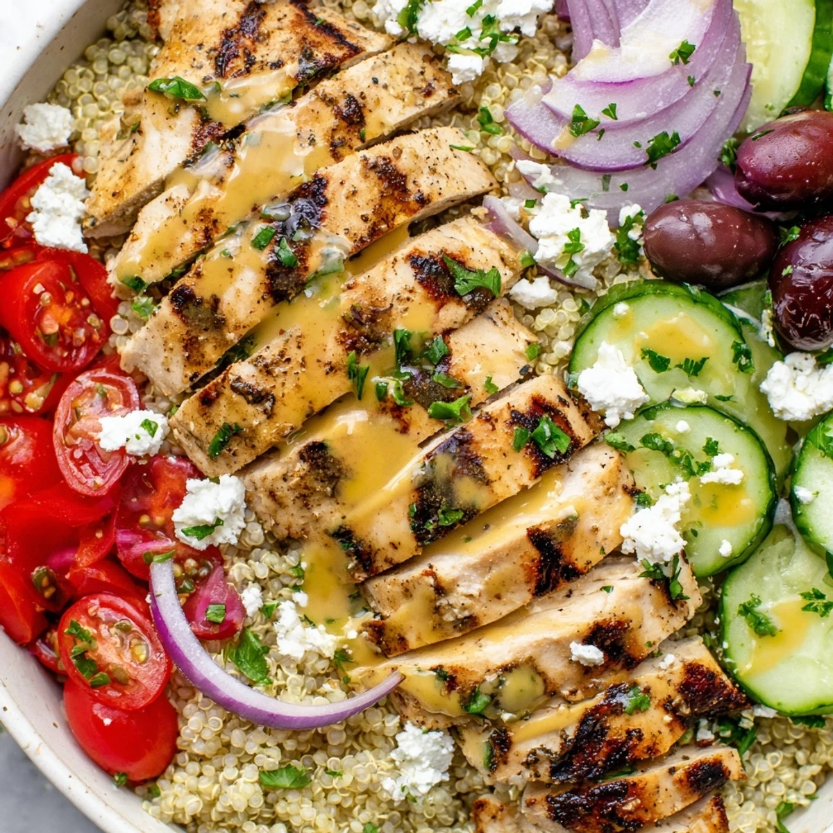 Juicy grilled chicken strips top a colorful Mediterranean chicken quinoa bowl with fresh vegetables