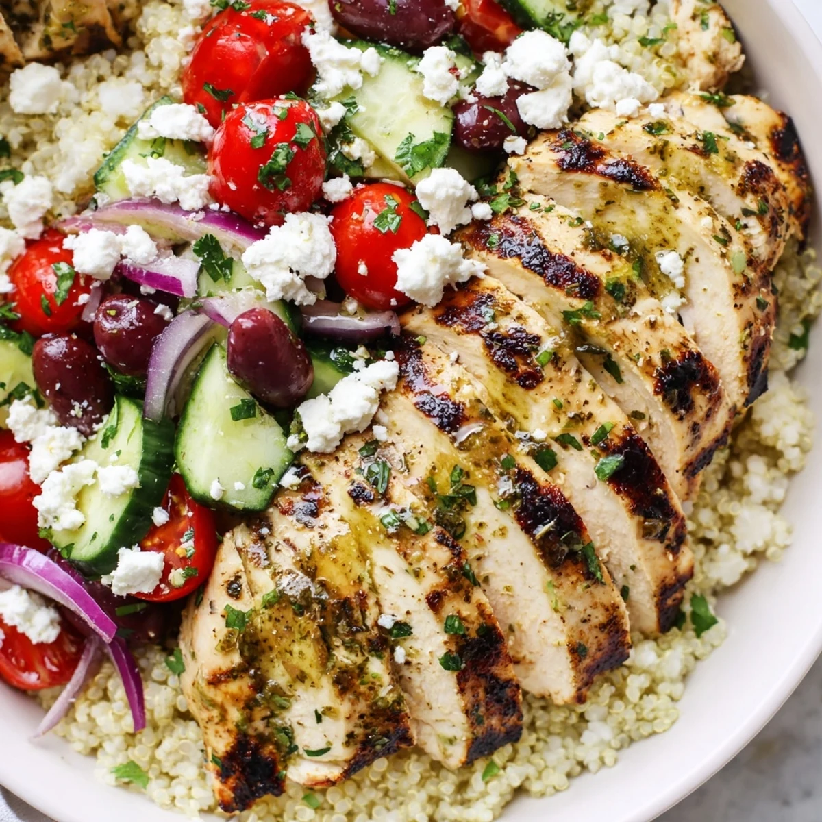Fluffy quinoa paired with crisp cucumbers tomatoes and feta in this Mediterranean chicken quinoa bowl