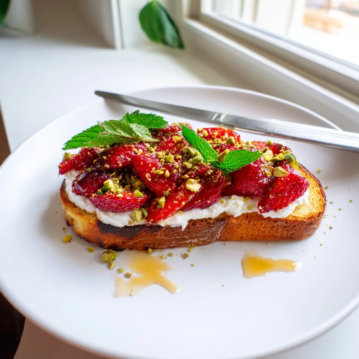 Creamy whipped ricotta toast topped with sweet roasted strawberries on crispy golden sourdough bread