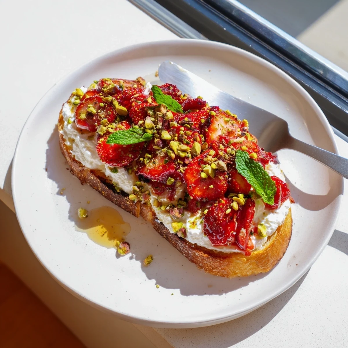 Roasted strawberry whipped ricotta toast served on rustic bread with fresh mint garnish